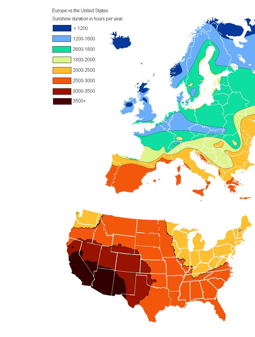 34 - Europe vs USA Sunshine Duration In Hours Per Year